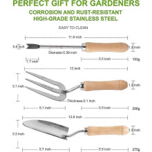 3-piece gardening tool set including a fork, trowel and weeder, made of sturdy stainless steel with wooden handles