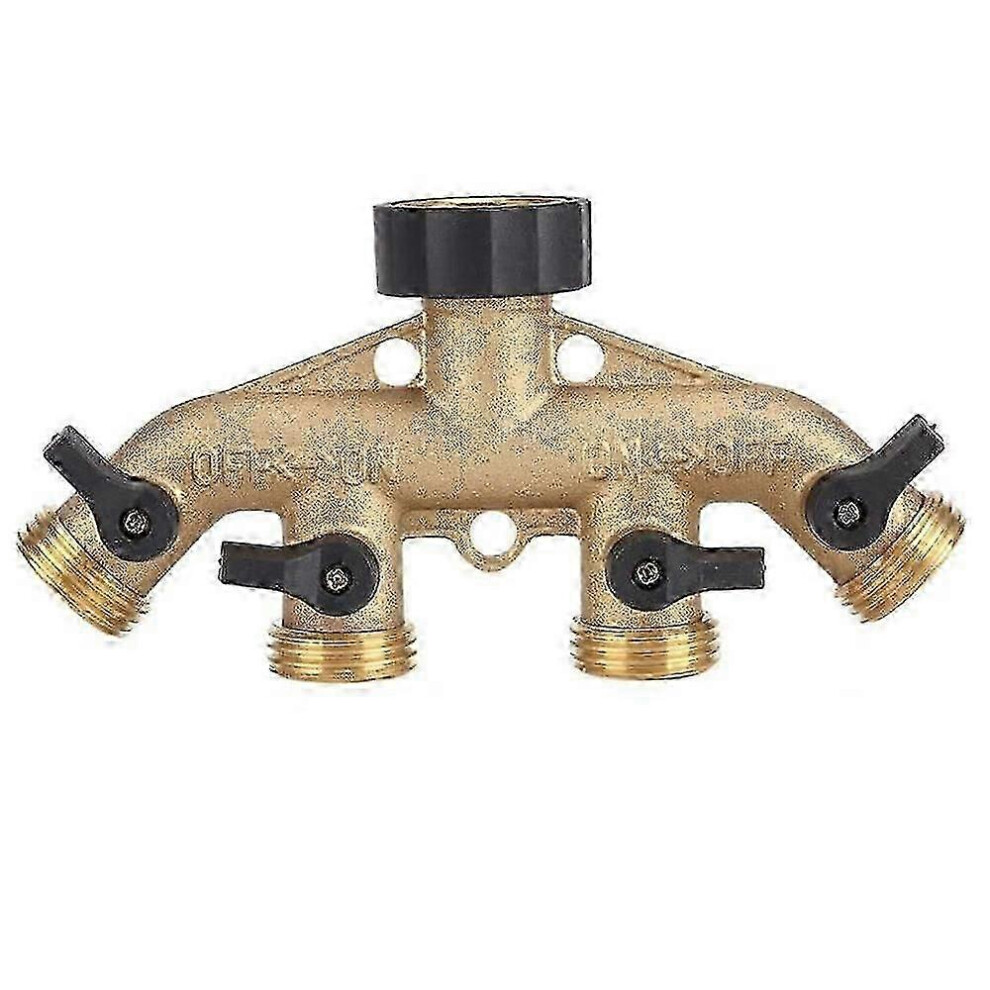 Solid brass 4-way hose distributor with shut-off valve, tap, and outlets