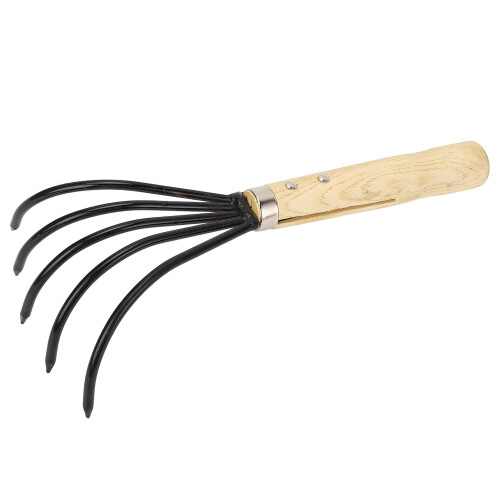 Garten-Handrechen, 5 Stahlzinken, Holzgriff, 1