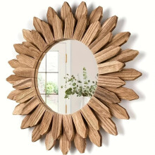 (Wood, 1 Count) Wooden Sunflower Design Wall Mirror, 1 Count Boho Style Wall Mounted Mirror, Wall Decor for Home Living Room Bedroom Entryway