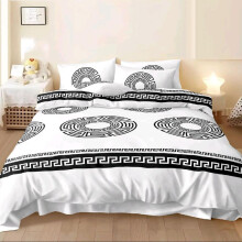 (Classic White-Black BDG, Single) Elegant 4-Piece Greek bedding set - Duvet Cover, Plush Contrasted Fitted Sheet, 2 Pillowcases