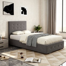 (3ft Single, Grey) Reuben Fabric Ottoman Storage Bed with Lucy Mattress