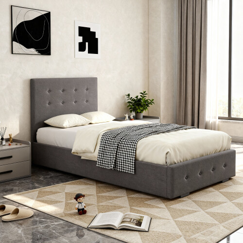 Comfy Living (3ft Single, Grey) Reuben Fabric Ottoman Storage Bed with Lucy Mattress