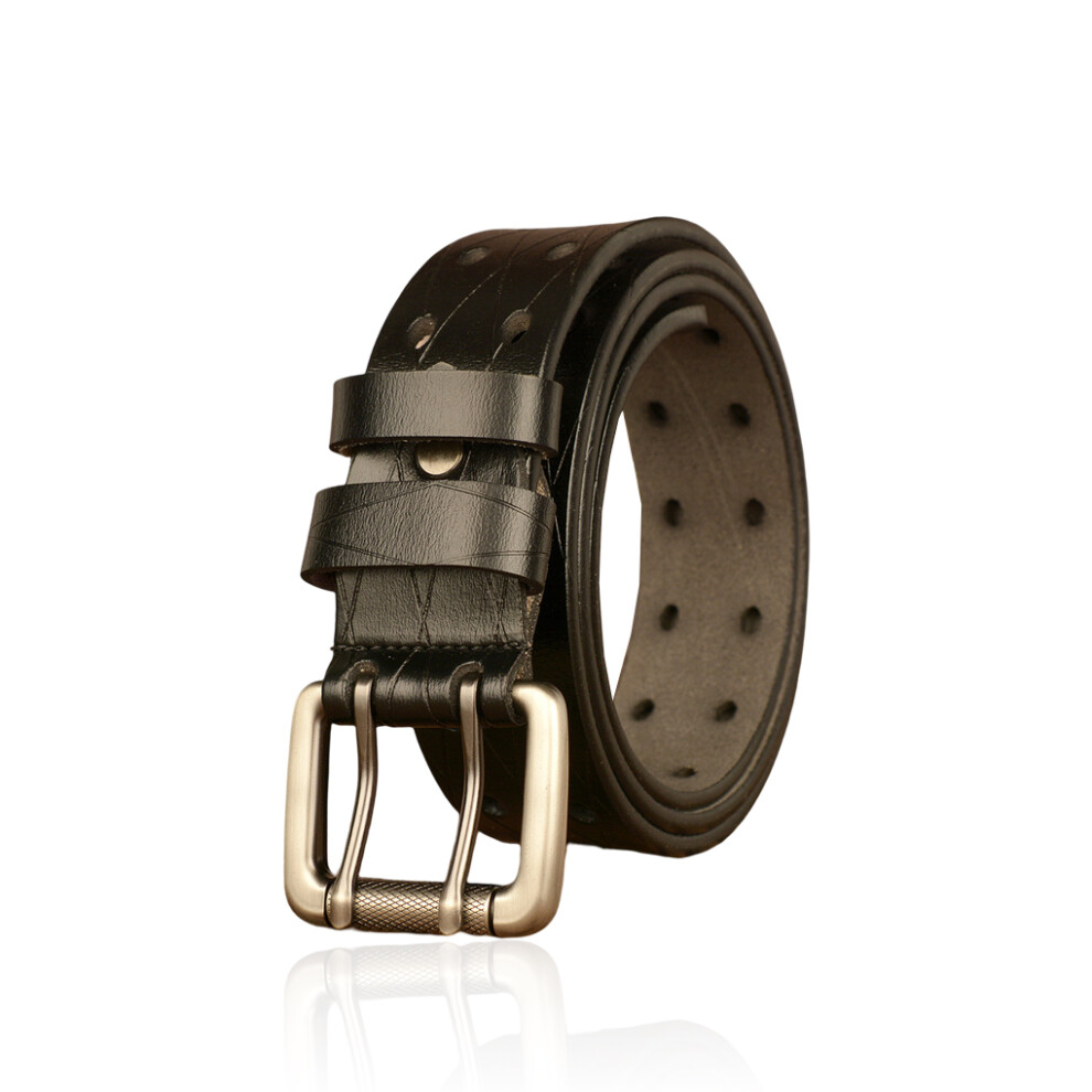 (Black, 120cm) Men Leather Belt Double Buckle Hollowed Out Waistband Vintage Home-image-OPC-PMS2HYM-NEW