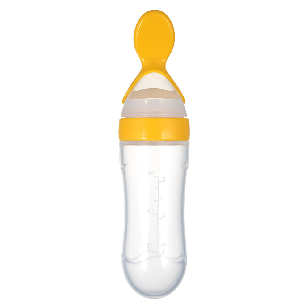 90Ml Baby Food Squeeze Feeder Bottle With Spoon, Silicone, Yellow