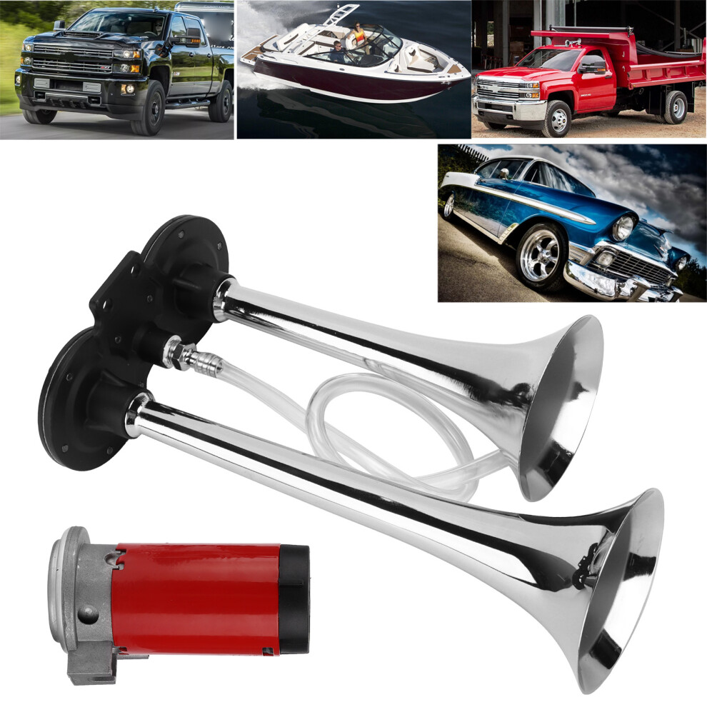 Dual 12V Chrome Trumpet Horn 150Db With Compressor For Suv, Boat Black 8421358505573