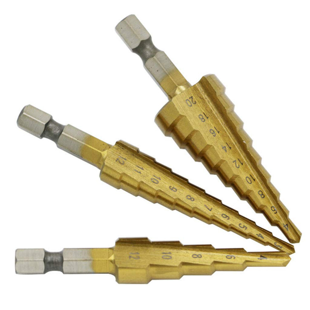 Step Cone Drill Bit 3Pcs Set 3-12Mm 4-12Mm 4-20Mm Hexagonal Shank High Speed Steel Hole Cutting For Wood And Metal 9067246567194