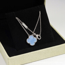 (White gold [purple chalcedony] necklace, CNC buckle version) High-end four-leaf clover necklace, red chalcedony, white pearl collarbone chain