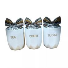 (White) 3 Piece Elegant Ceramic Tea, Coffee, and Sugar Storage Jars with Silver Bow Lid – Stylish Kitchen Canisters