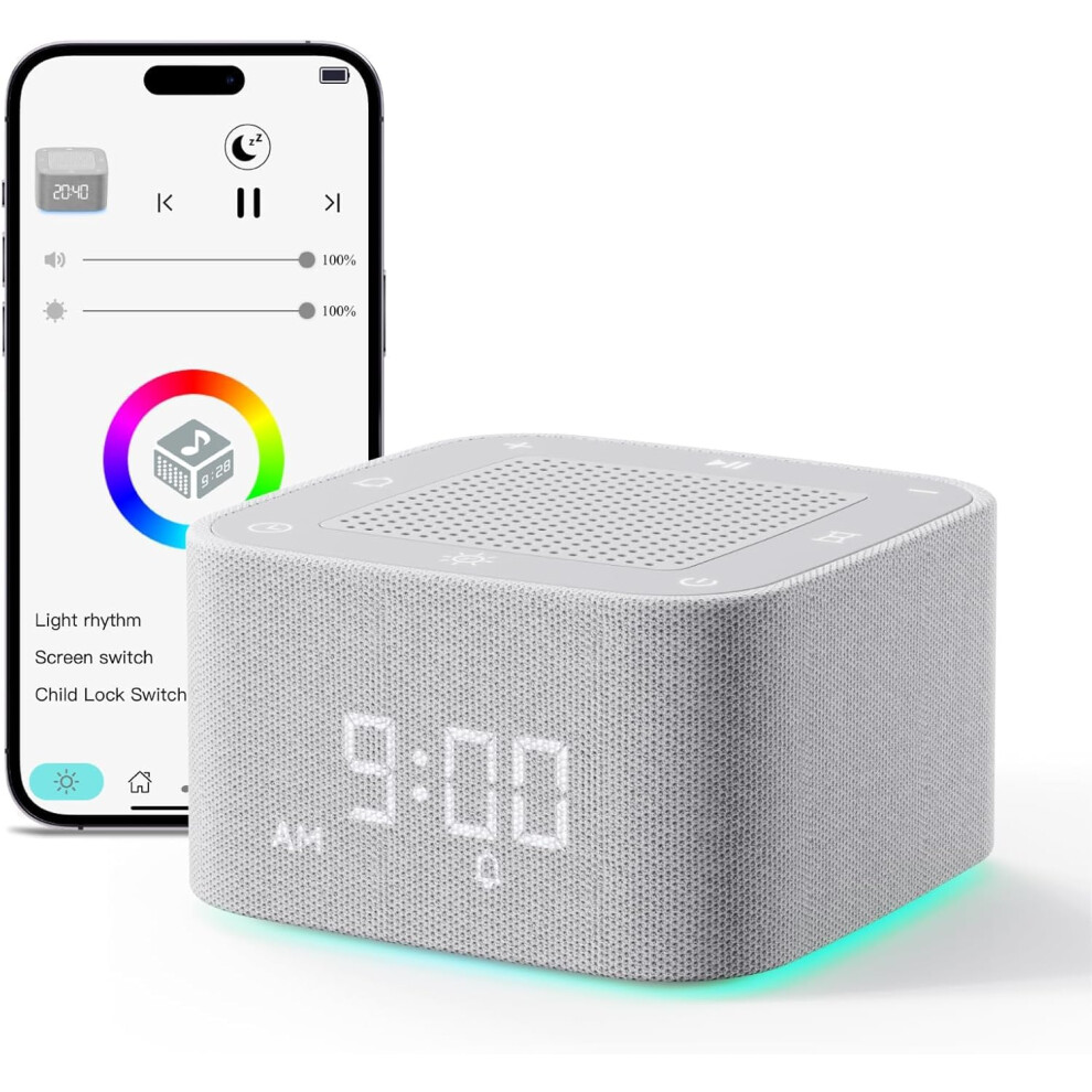 Sound Machine With Alarm Clock, Noise, 32 Sounds, Battery Powered Night Bluetooth App Control White/Light