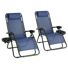 (Navy) Straame Garden | Zero Gravity Chair | Set of 2 | Heavy Duty Textoline | Outdoor & Garden Sunloungers | Reclining & Folding Chair with Cup a