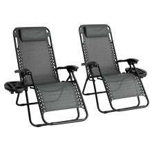 (Grey) Straame Garden | Zero Gravity Chair | Set of 2 | Heavy Duty Textoline | Outdoor & Garden Sunloungers | Reclining & Folding Chair with Cup a