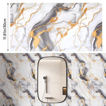 (Ink and Gold Sand, 40cm L x 40cm W) AceHome 10Pcs PVC Marble Wall Sticker Peel and Stick Tile Vinyl Wrap for Kitchen and Bathroom Decor