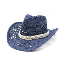 Hollow Out Cowboy Hat Wide Brim Cowgirl Straw Sun Hat-navy blue