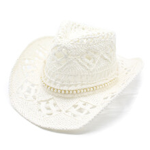 Summer Beach Party Cowboy Hat for Women Wide Brim Pearls-White