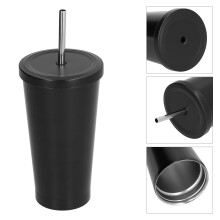 Bicchiere termico da 500 ml, coperchio con cannuccia, 10x18x6,5 cm, Nero