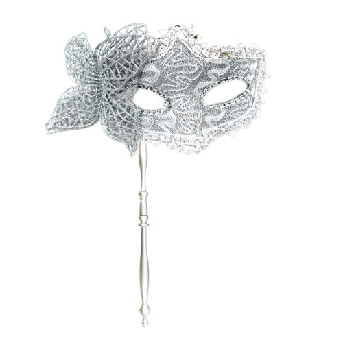 Mardi Gras Mask Halloween Party Mask with Holding Stick-Silver