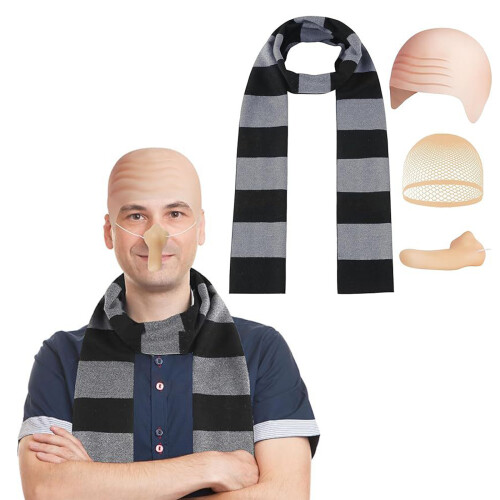 Cartoon Characters Bald Hat Set Bald Caps False Nose-Black 1