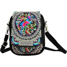 Ethnic Phone Bag Embroidered Flower Crossbody Bag Vintage Handbag Canvas Pouch for Women Golden Cross-body Bags (black) (1pcs)