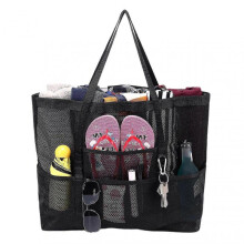 (Black) Mesh Beach Bags Tote Bag Vacation Beach Toy Bag Swimming Bag Packable Beach Bag For Toys & Vacation Essentials