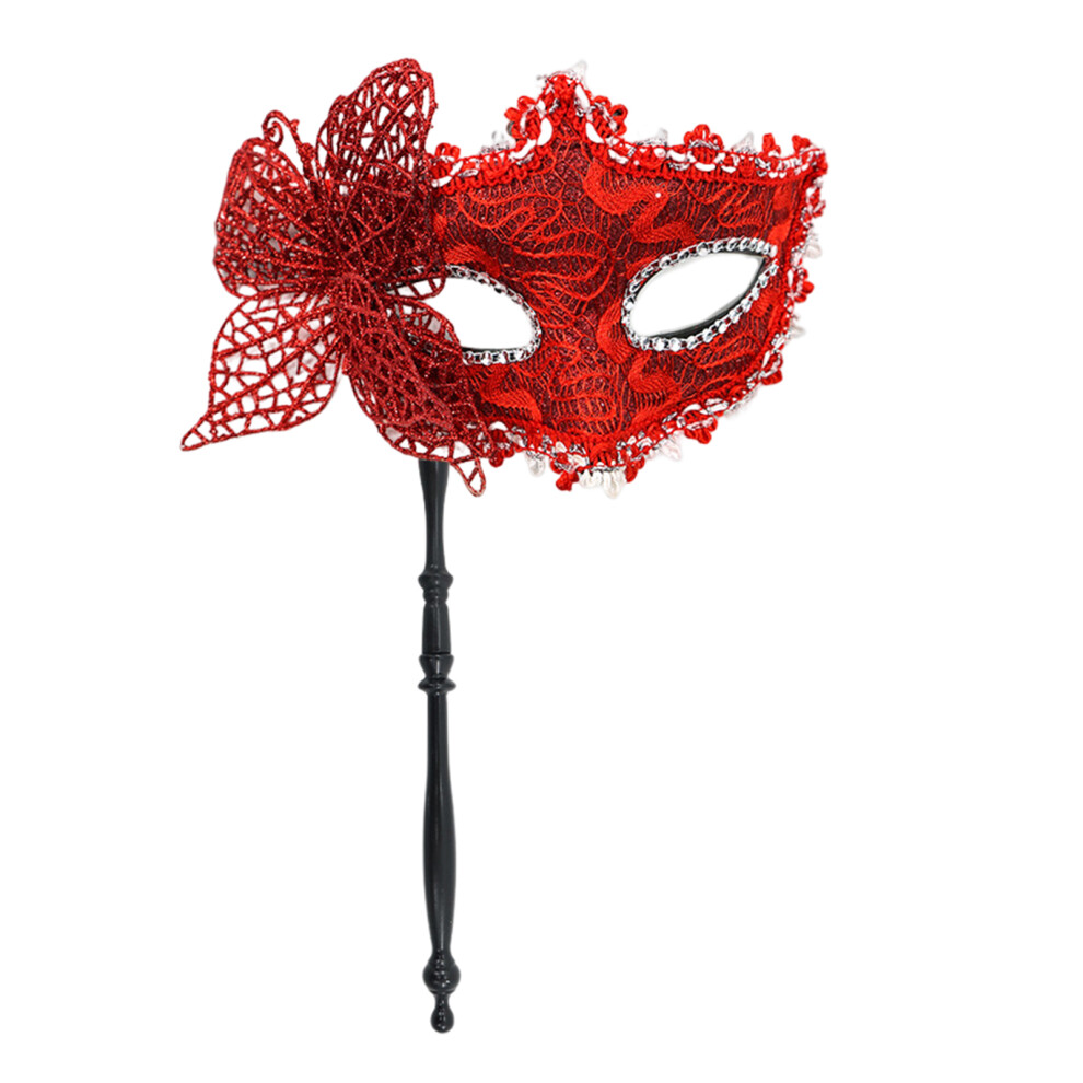 Women Half Face Mask Halloween Masquerade Mask With Holding-Red 7754000301362