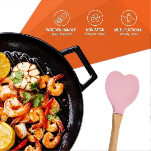 Heart Silicone Spatula Heat-Resistant Wood Handle Kitchen Tool 2