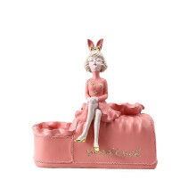(pink) Cute bunny girl countertop decorative ornaments paper holder, resin napkin storage box living room children's room housewarming gift
