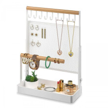Jewelry Organizer Stand Liftable Necklace Holder, Earring Organizer Net, Wooden Hanging Bar for Necklaces, Watches