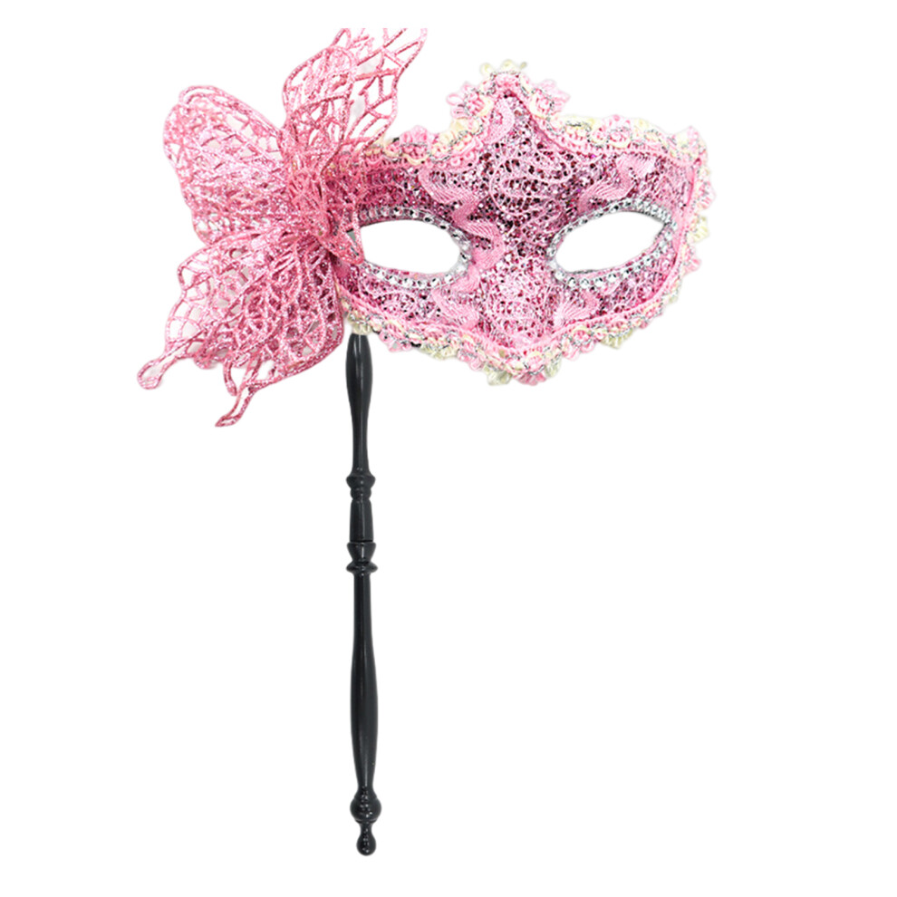Masquerade Mask With Holding Stick Butterfly Mask Half-Pink 7754000301515