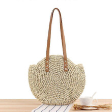 (Beige) Women Boho Woven Handbag Summer Beach Tote Straw Bag Round Rattan Shoulder