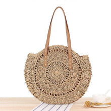 (Brown) Women Boho Woven Handbag Summer Beach Tote Straw Bag Round Rattan Shoulder