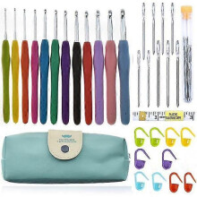 (Blue) 45-piece kit with crochet hooks, markers, tape measure - Knitting Kit multicolor