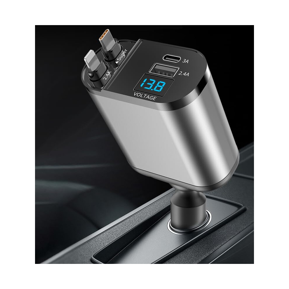 4In1 Retractable 120W Car Charger With Voltage Display And 3A / 2.4A Usb/Usb-C Ports Usb-C 2.4A Usb-A 3A Ports 9067246582920