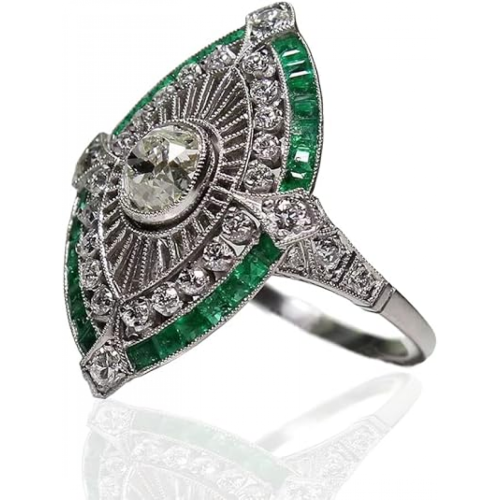 Γυναικείο Δαχτυλίδι Antique Art Deco από Ασήμι 925, Σμαράγδι και Λευκό Ζαφείρι με Λουλο