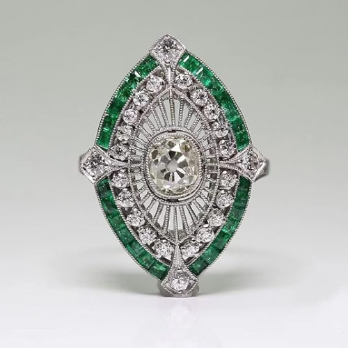 Γυναικείο Δαχτυλίδι Antique Art Deco από Ασήμι 925, Σμαράγδι και Λευκό Ζαφείρι με Λουλο 1