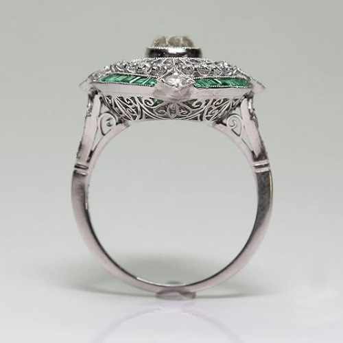 Γυναικείο Δαχτυλίδι Antique Art Deco από Ασήμι 925, Σμαράγδι και Λευκό Ζαφείρι με Λουλο 2