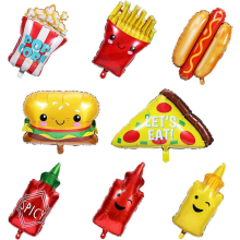 8 balões com tema de comida, balões de papel alumínio com comida, batata frita, pipoca, pizza, hambúrguer