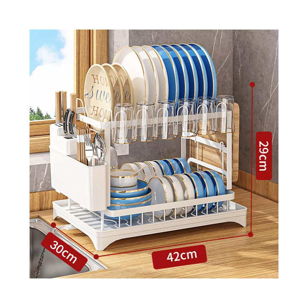 (B) 2 Tier Black Dish Drainer Rack With Drip Tray, Stainless Steel Draining Dish Drainer With Draining Board And Utensils 8011452208168