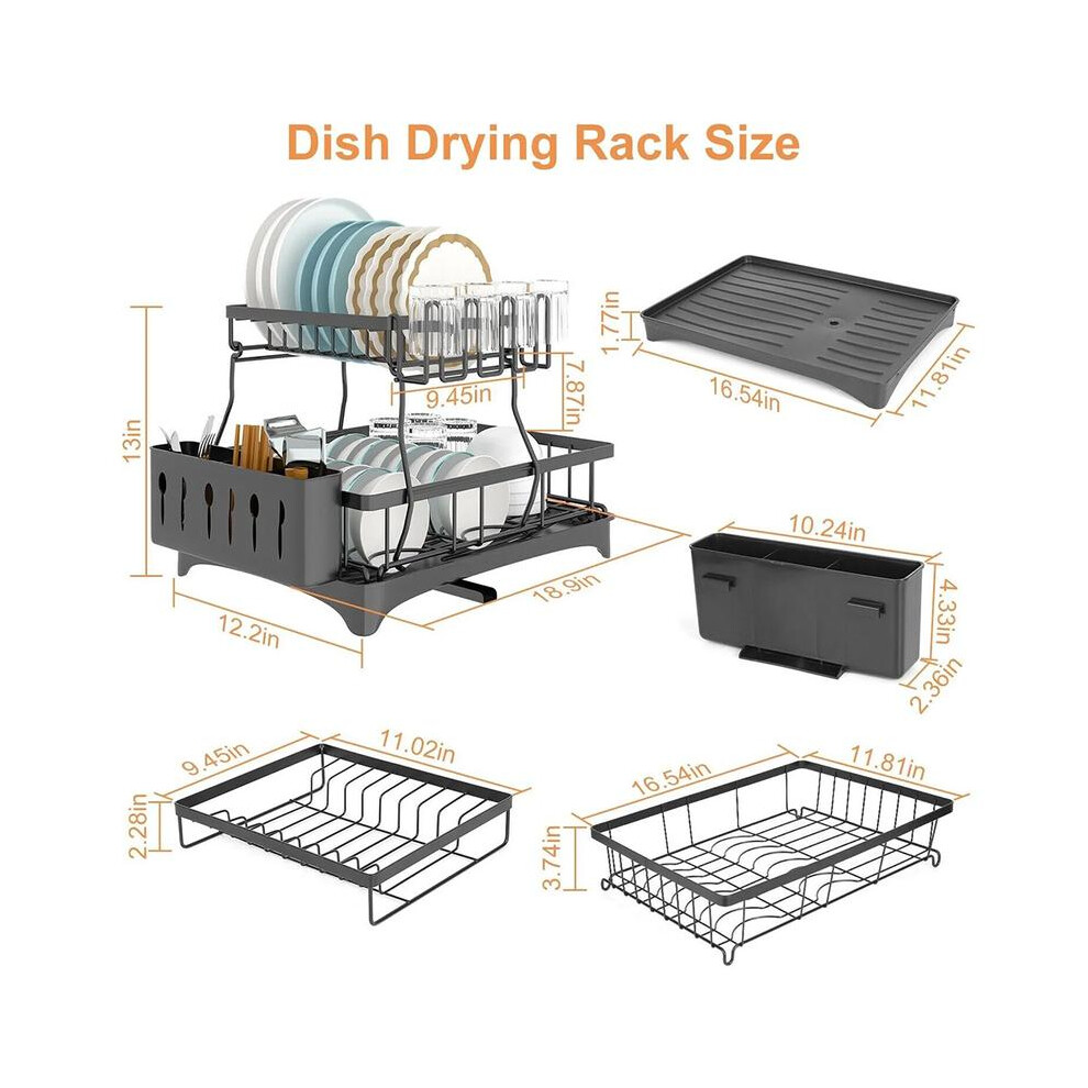 (C) 2 Tier Black Dish Drainer Rack With Drip Tray, Stainless Steel Draining Dish Drainer With Draining Board And Utensils 8011452208175