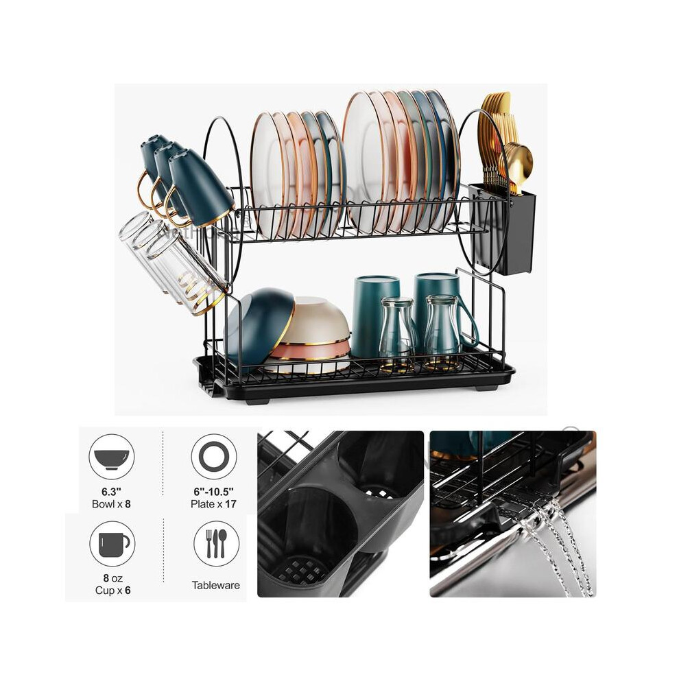 (A) 2 Tier Black Dish Drainer Rack With Drip Tray, Stainless Steel Draining Dish Drainer With Draining Board And Utensils 8011452208151