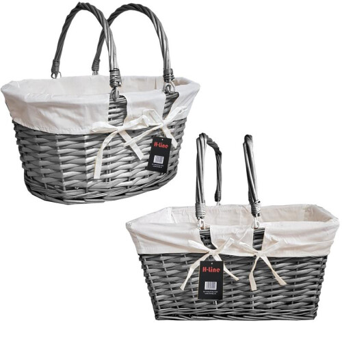 (Grey, Rectangular) H-line Traditional Split Willow Shopping Basket with Folding Handles Vintage Storage Wicker Hamper Organiser