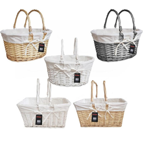 (Grey, Rectangular) H-line Traditional Split Willow Shopping Basket with Folding Handles Vintage Storage Wicker Hamper Organiser 1