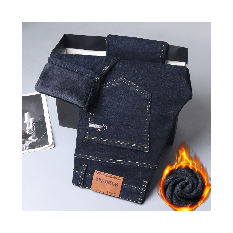 (black, 28) HKEDES Men's Winter Fleece Warm Straight Business Fashion Jeans Stretch Thermal Warm Flannel Work Denim Trousers Male Brand Clothing-image-OPC-PMSKWPZ-NEW