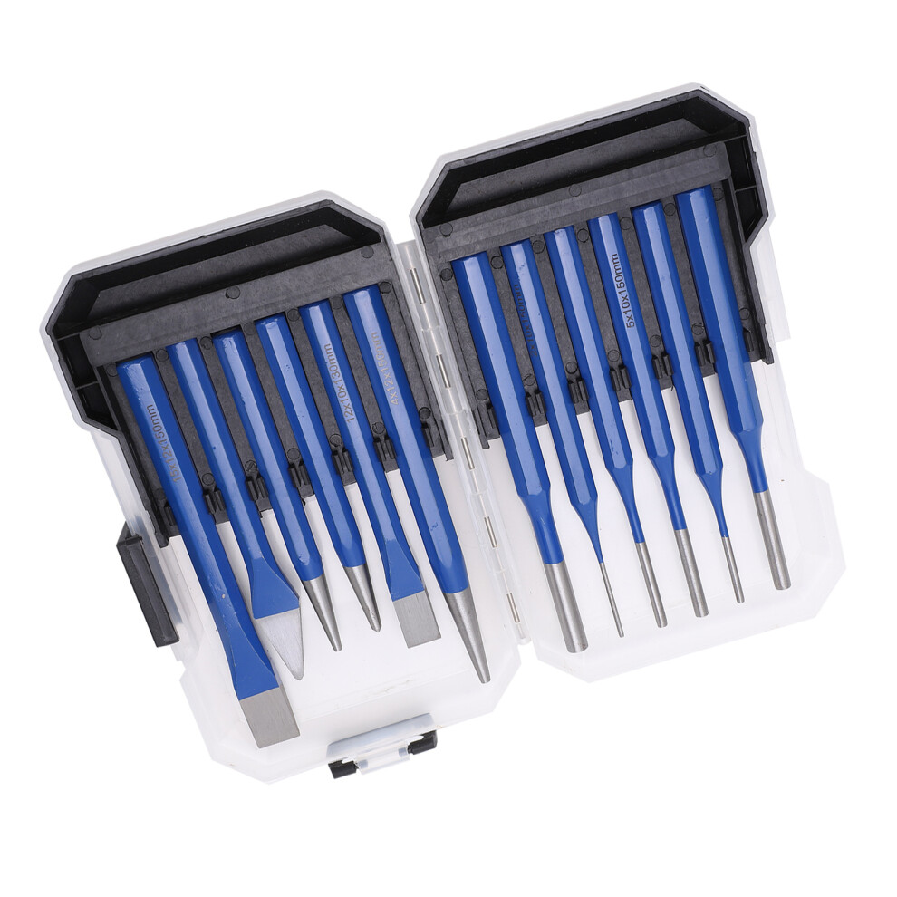 12Pcs Engraving & Punching Chisel Set Blue Handle Conical Cylindrical Flat Tips 8271358828437