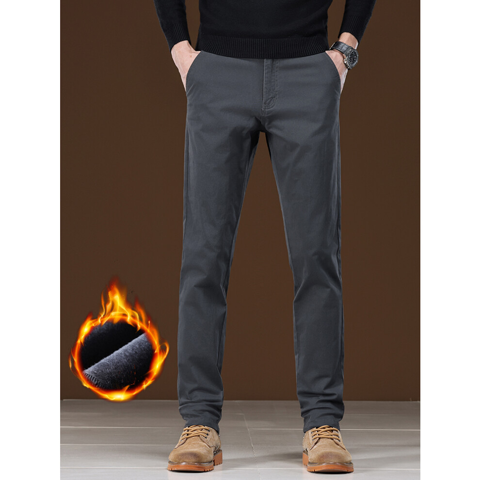 (GRAY, 30) HKEDES Winter Fleece Men's Casual Pants Business Straight Thick Warmth Fashion Velvet Trousers Classic Solid Color Slim Plush Pants-image-OPC-PMSKYRH-NEW