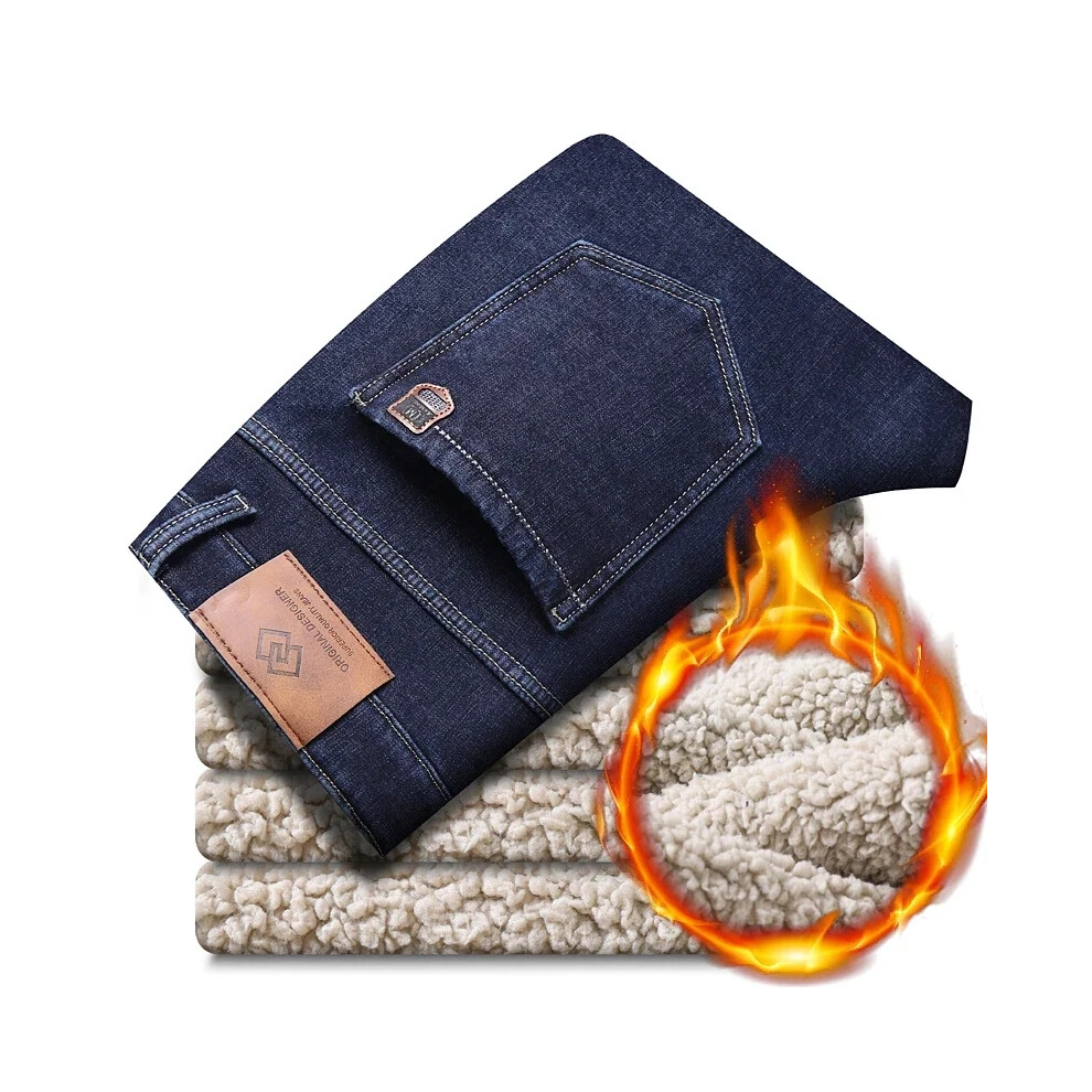 (Blue-306JR, 33) HKEDES Winter New Warm Fleece Jeans Men's Thick Thermal Casual Straight Denim Pants Male Business Work Stretch Trousers New Clothing-image-OPC-PMSKYVH-NEW