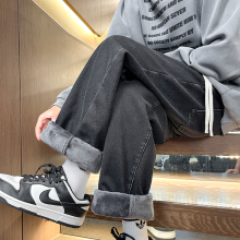 (gray, XXL) HKEDES Men's Thick Fleece Loose Jeans Korean Street Baggy Warm Premium Velvet Straight Leg Wide Leg Pants Winter Lined Wool Hot Denim