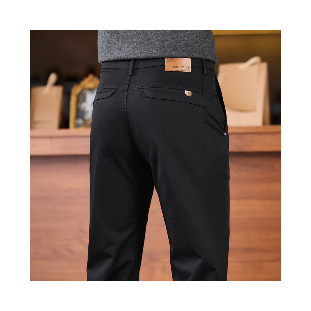 (black, 36) HKEDES 2025 Winter Men's High-quality Wool Pants, 97% Cotton, Elastic Fleece, Thick, Business Straight Pants, Black and Navy Blue Gray-image-OPC-PMSM25M-NEW