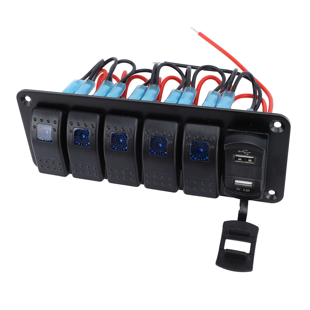 5 Gang Rocker Switch Panel With Dual Usb & Voltage Meter For 12-24V Vehicles 4611358842516