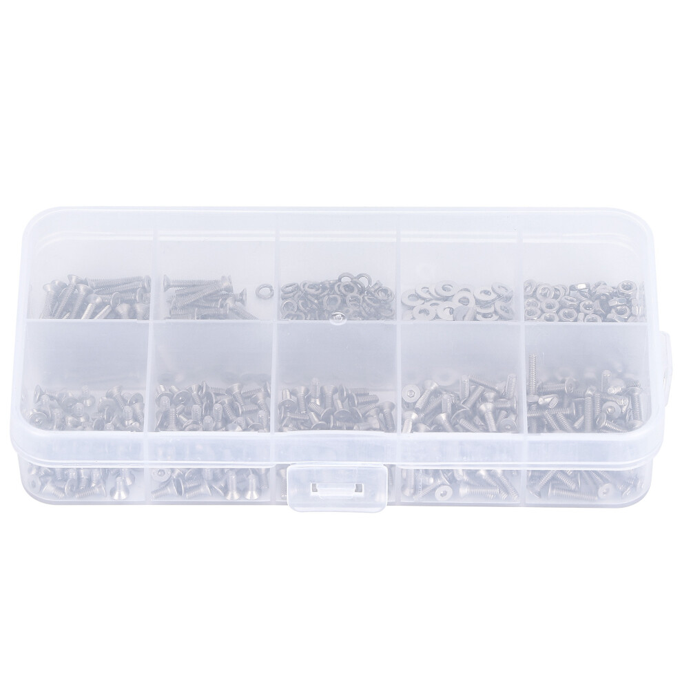 600Pcs M2 Stainless Steel Countersunk Bolts Nuts Washers Assortment Set 7661358845533